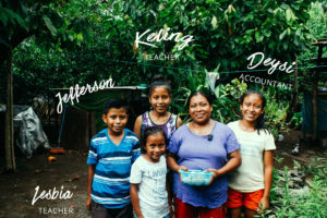 Guatemalan family standing together holding a basket of eggs