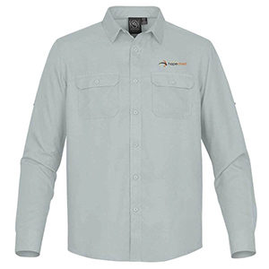 Product Image of adult long sleeve light grey button up shirt. Click for more purchasing details.