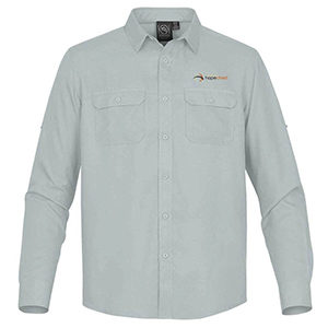 Product Image of adult long sleeve light grey button up shirt. Click for more purchasing details.