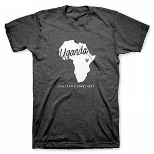Product Image Dark grey teeshirt with white outline of Africa and a small heart over Uganda. Click for more purchasing details.