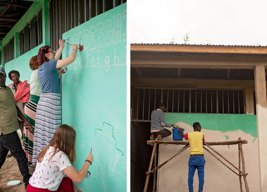 One half of the photo is New Community Church members painting the mural. The other half of the photo is local community members painting the mural.