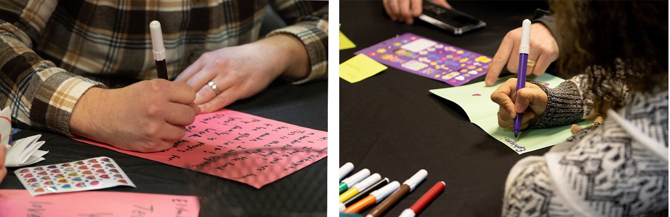 two photos of hands using markers to write letters