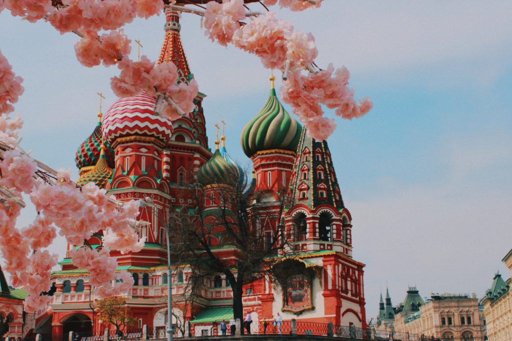 St Basils Cathedral in Russia with Cherry blossoms