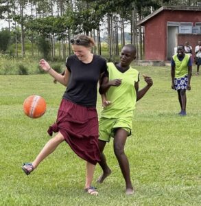 Playing soccer